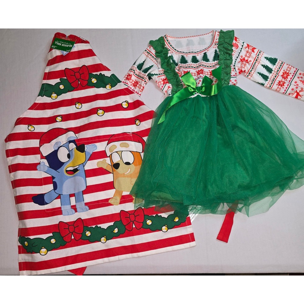 Bluey Christmas Apron and Girls Dress Set Size 3 Green Tulle Holiday Fair Isle